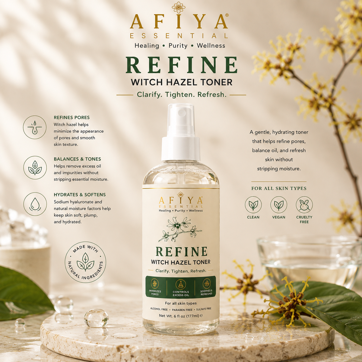 AFIYA ESSENTIALS "REFINE" — Witch Hazel Pore Toner