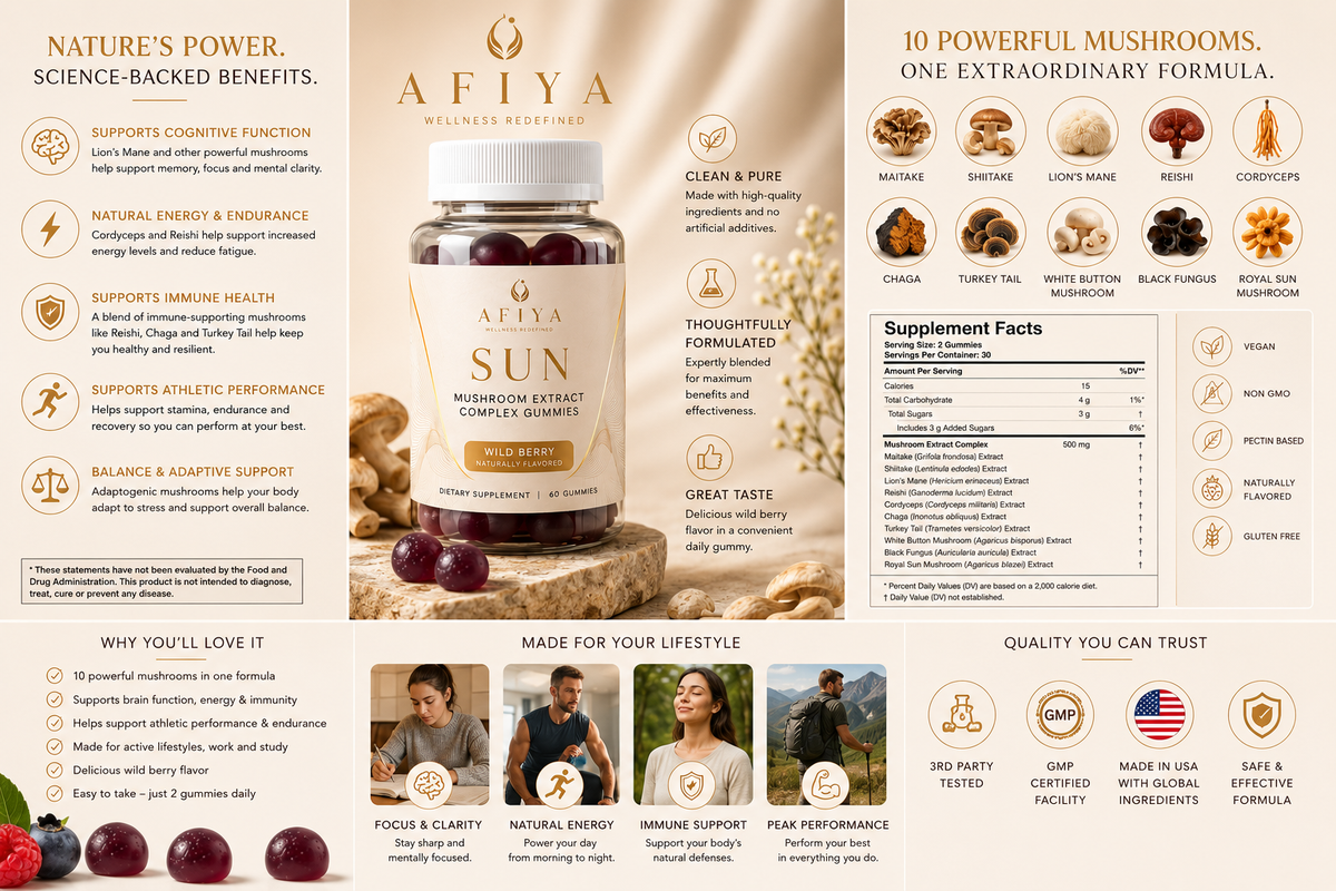 AFIYA ESSENTIALS "SUN" — Mushroom Extract Complex Gummies